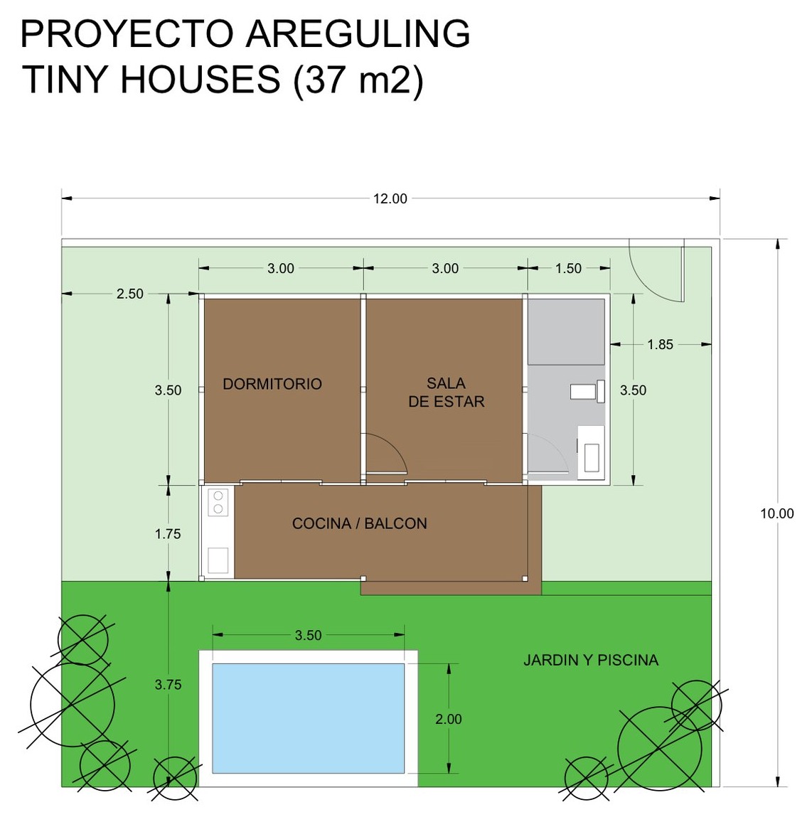 Plano de unidad inferior de una planta, 37 m² de construcción